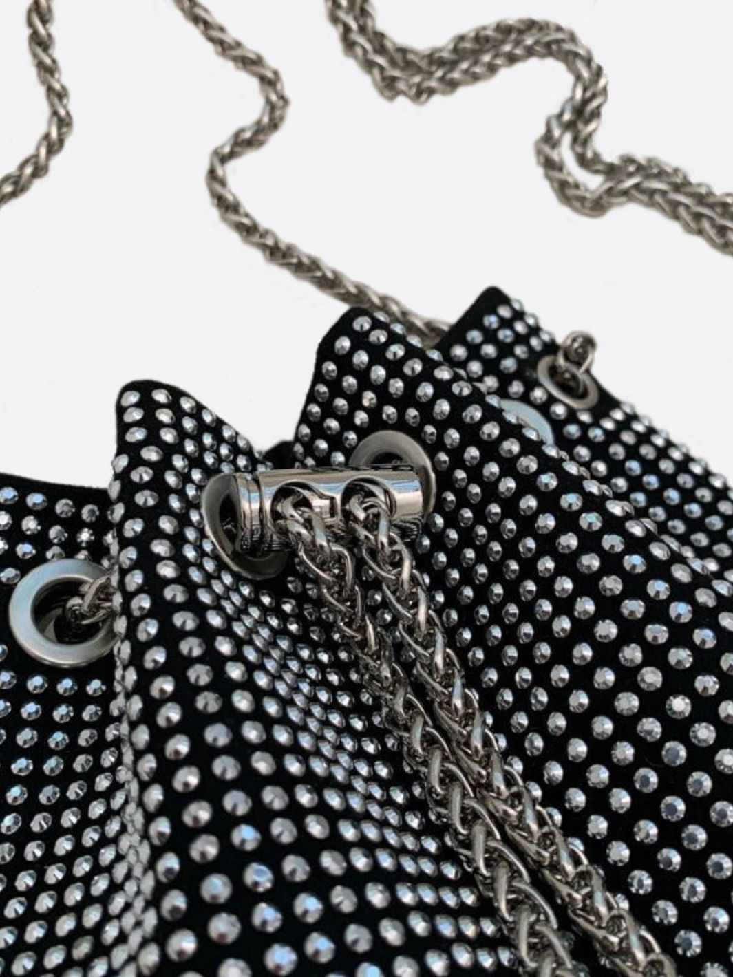 Drawstring bucket bag with rhinestones and chain strap - in Silver | Arvea Bags