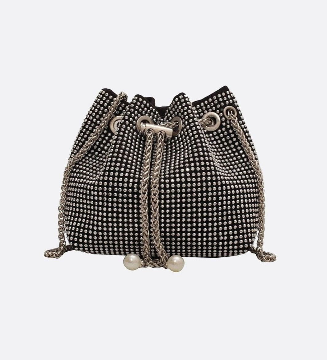 Drawstring bucket bag with rhinestones and chain strap - in Silver | Arvea Bags