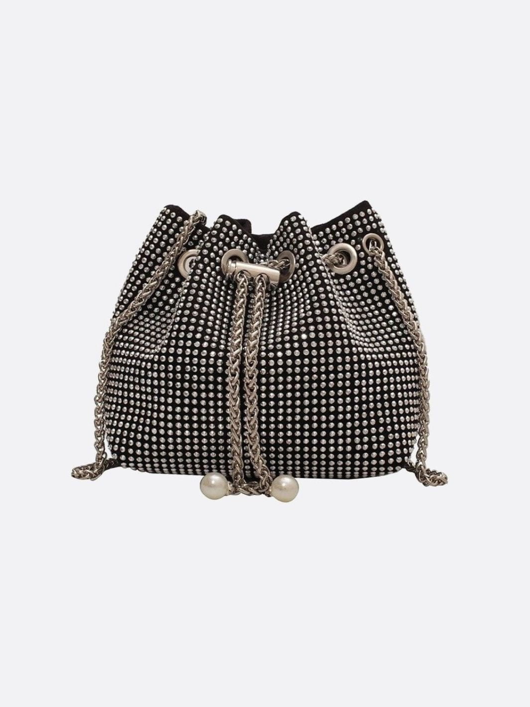 Drawstring bucket bag with rhinestones and chain strap - in Silver | Arvea Bags