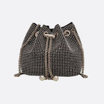 Drawstring bucket bag with rhinestones and chain strap - in Silver | Arvea Bags