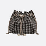 Drawstring bucket bag with rhinestones and chain strap - in Silver | Arvea Bags