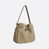 Elegant Bucket Shoulder Bag with Vintage Clasp - in Khaki | Arvea Bags
