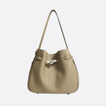 Elegant Bucket Shoulder Bag with Vintage Clasp - in Khaki | Arvea Bags