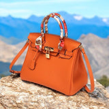 Elegant Designer Satchel Bag – Genuine Leather Handbag with Scarf - Wrapped Handle & Gold Hardware - in Orange | Arvea Bags