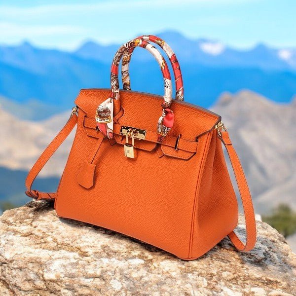 Elegant Designer Satchel Bag – Genuine Leather Handbag with Scarf - Wrapped Handle & Gold Hardware - in Orange | Arvea Bags