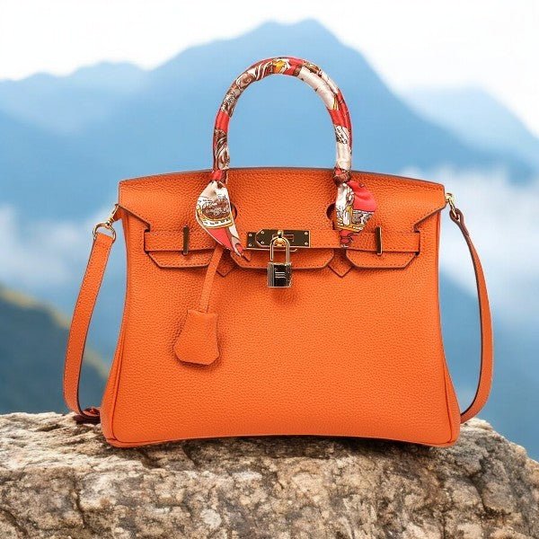 Elegant Designer Satchel Bag – Genuine Leather Handbag with Scarf - Wrapped Handle & Gold Hardware - in Orange | Arvea Bags
