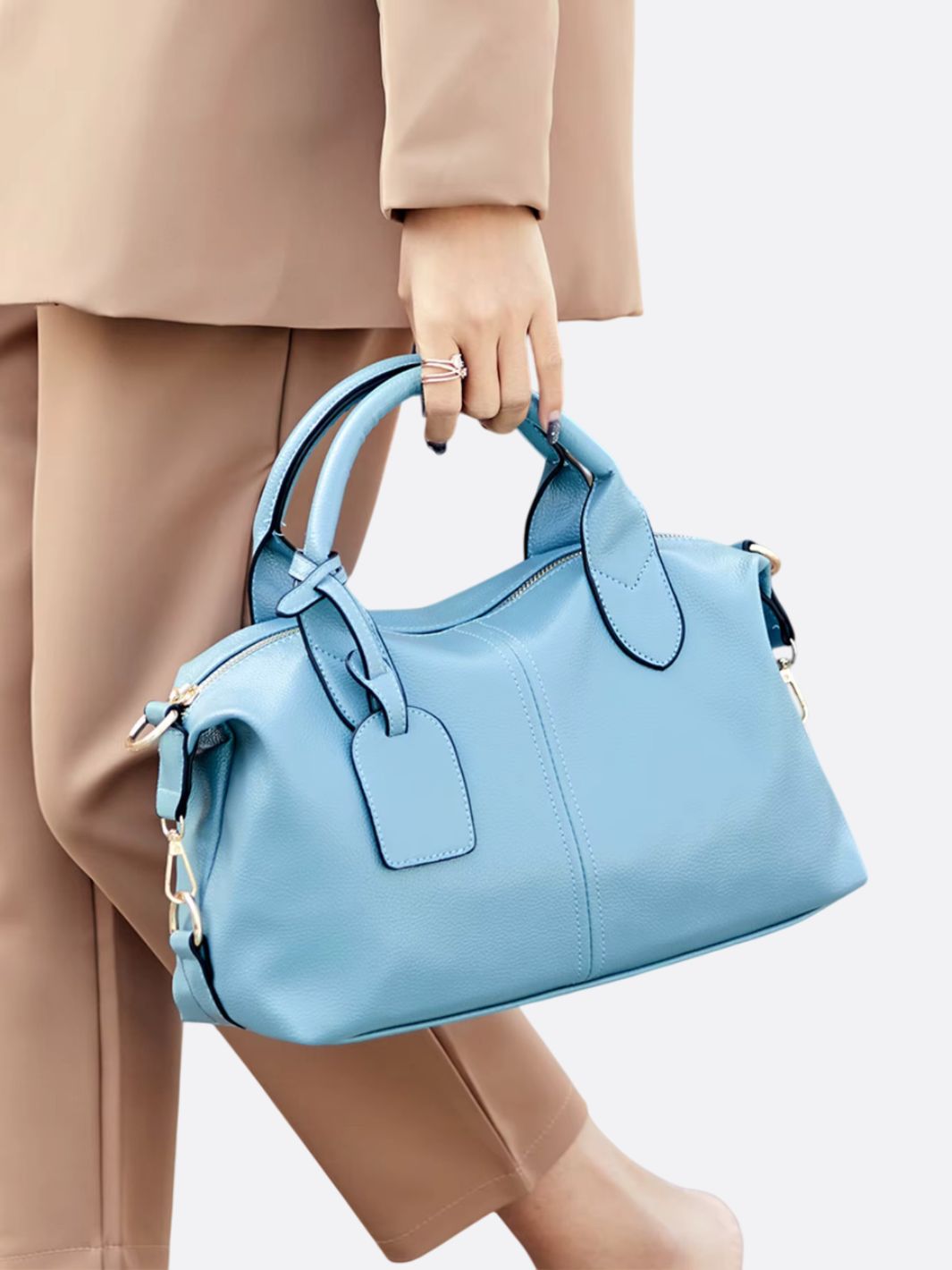 Elegant Leather Satchel Bag – Versatile Handbag with Detachable Strap - in Light Blue | Arvea Bags