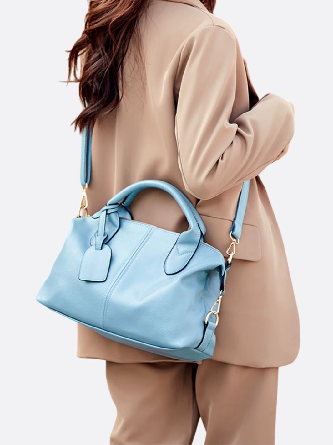 Elegant Leather Satchel Bag – Versatile Handbag with Detachable Strap - in Light Blue | Arvea Bags