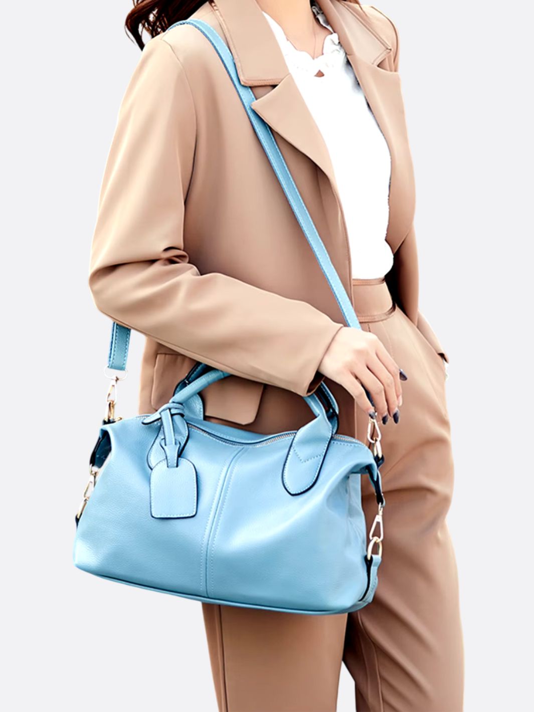 Elegant Leather Satchel Bag – Versatile Handbag with Detachable Strap - in Light Blue | Arvea Bags