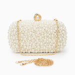 Elegant Pearl Clutch Bag – Designer - Inspired Evening Handbag with Gem Clasp & Gold Chain Description: - in Pearl White | Arvea Bags