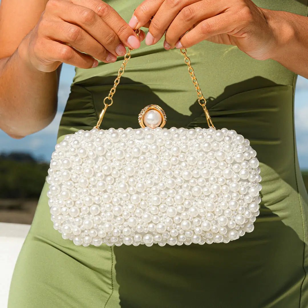 Elegant Pearl Clutch Bag – Designer - Inspired Evening Handbag with Gem Clasp & Gold Chain Description: - in Pearl White | Arvea Bags