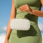 Elegant Pearl Clutch Bag – Designer - Inspired Evening Handbag with Gem Clasp & Gold Chain Description: - in Pearl White | Arvea Bags
