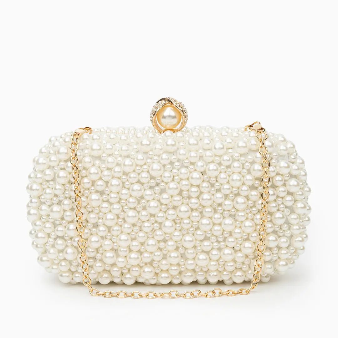 Elegant Pearl Clutch Bag – Designer - Inspired Evening Handbag with Gem Clasp & Gold Chain Description: - in Pearl White | Arvea Bags