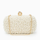 Elegant Pearl Clutch Bag – Designer - Inspired Evening Handbag with Gem Clasp & Gold Chain Description: - in Pearl White | Arvea Bags