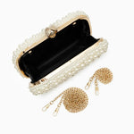 Elegant Pearl Clutch Bag – Designer - Inspired Evening Handbag with Gem Clasp & Gold Chain Description: - in Pearl White | Arvea Bags