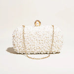Elegant Pearl Clutch Bag – Designer - Inspired Evening Handbag with Gem Clasp & Gold Chain Description: - in Pearl White | Arvea Bags
