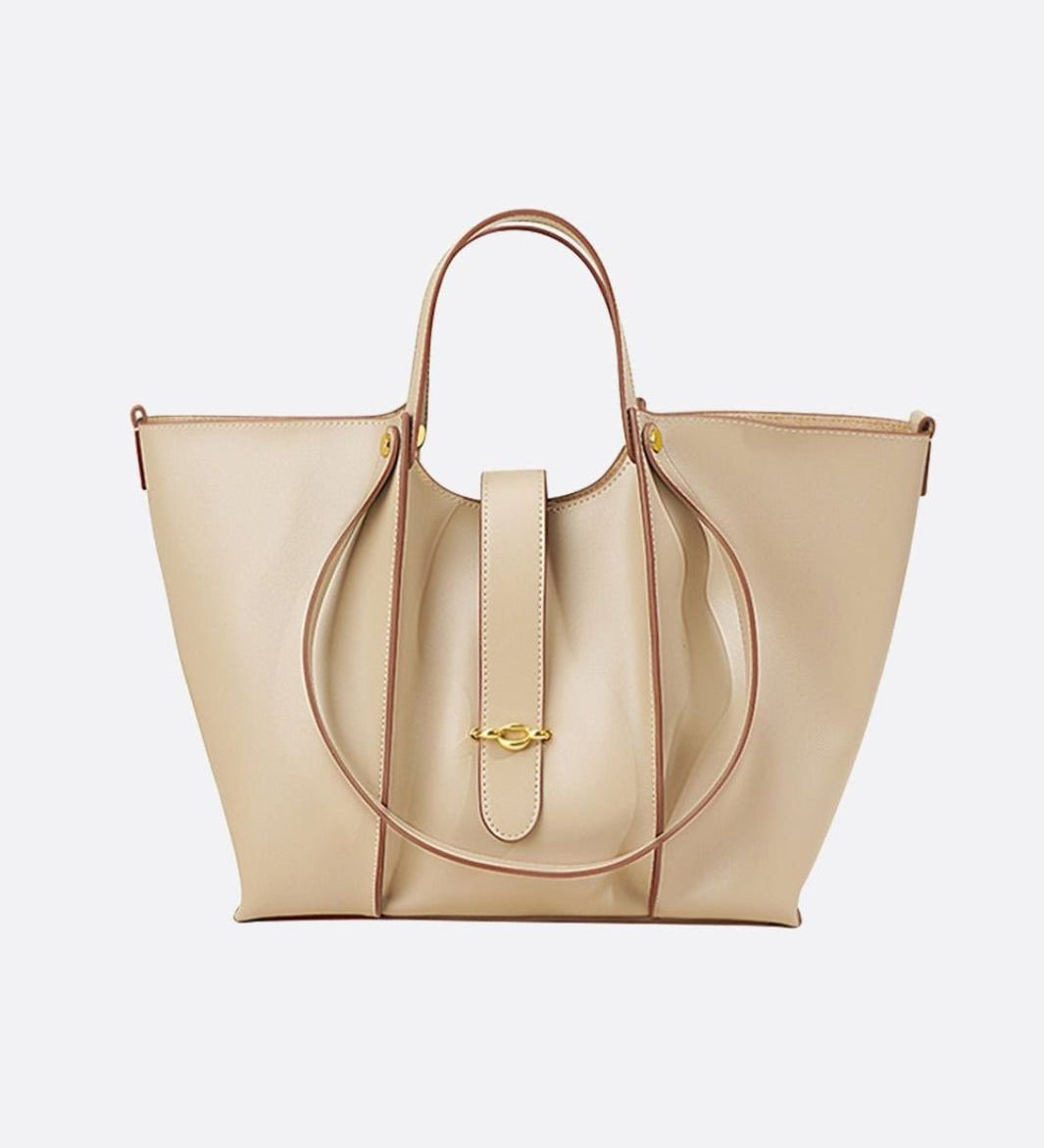 Elegant Structured Tote Bag with Front Pouch Detail - in Beige | Arvea Bags