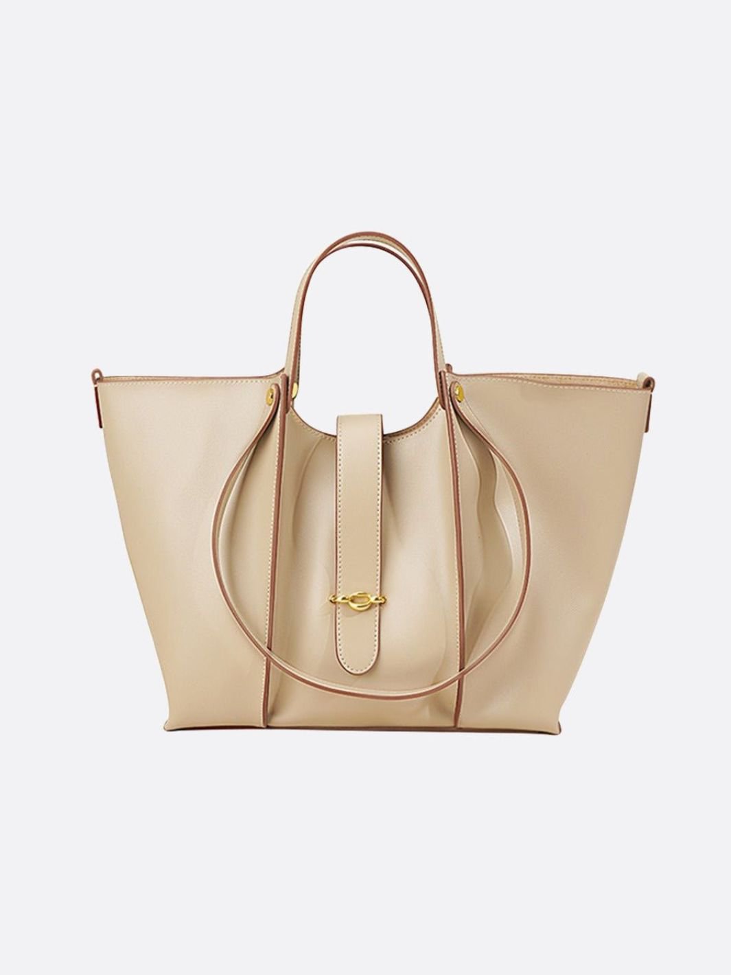 Elegant Structured Tote Bag with Front Pouch Detail - in Beige | Arvea Bags