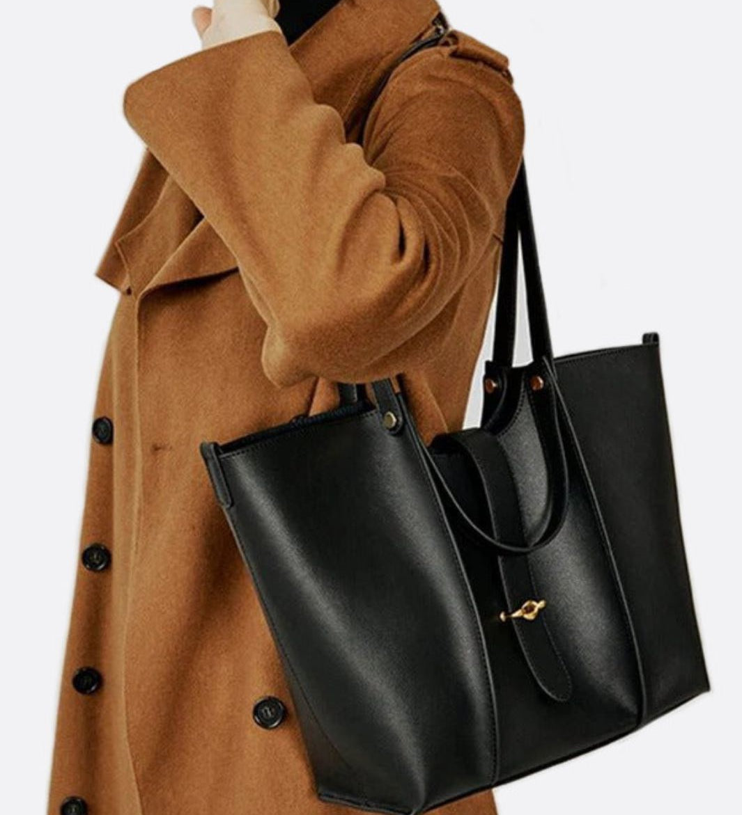 Elegant Structured Tote Bag with Front Pouch Detail - in Black | Arvea Bags