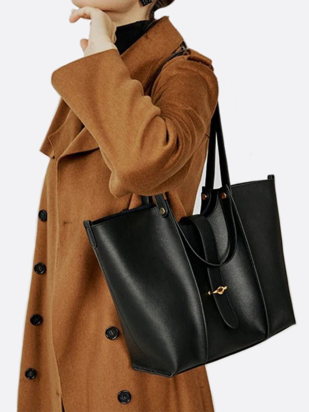 Elegant Structured Tote Bag with Front Pouch Detail - in Black | Arvea Bags