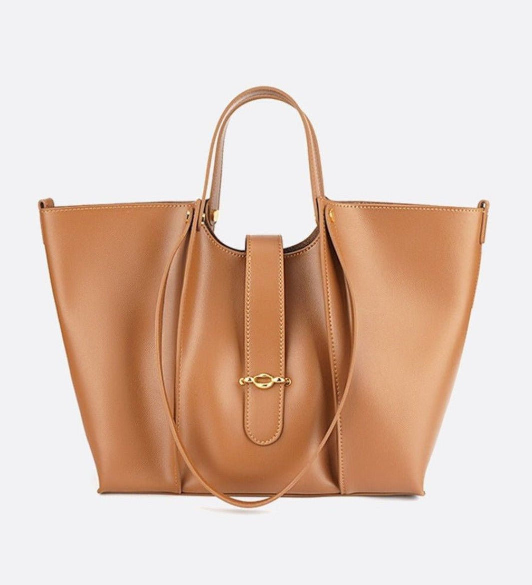 Elegant Structured Tote Bag with Front Pouch Detail - in Camel | Arvea Bags