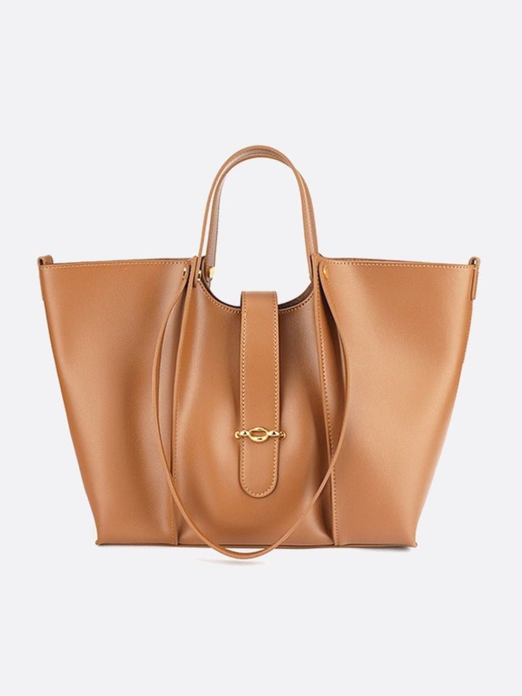 Elegant Structured Tote Bag with Front Pouch Detail - in Camel | Arvea Bags