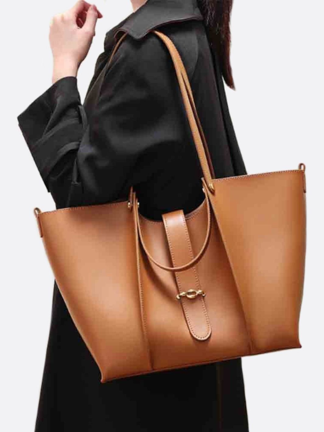 Elegant Structured Tote Bag with Front Pouch Detail - in Camel | Arvea Bags