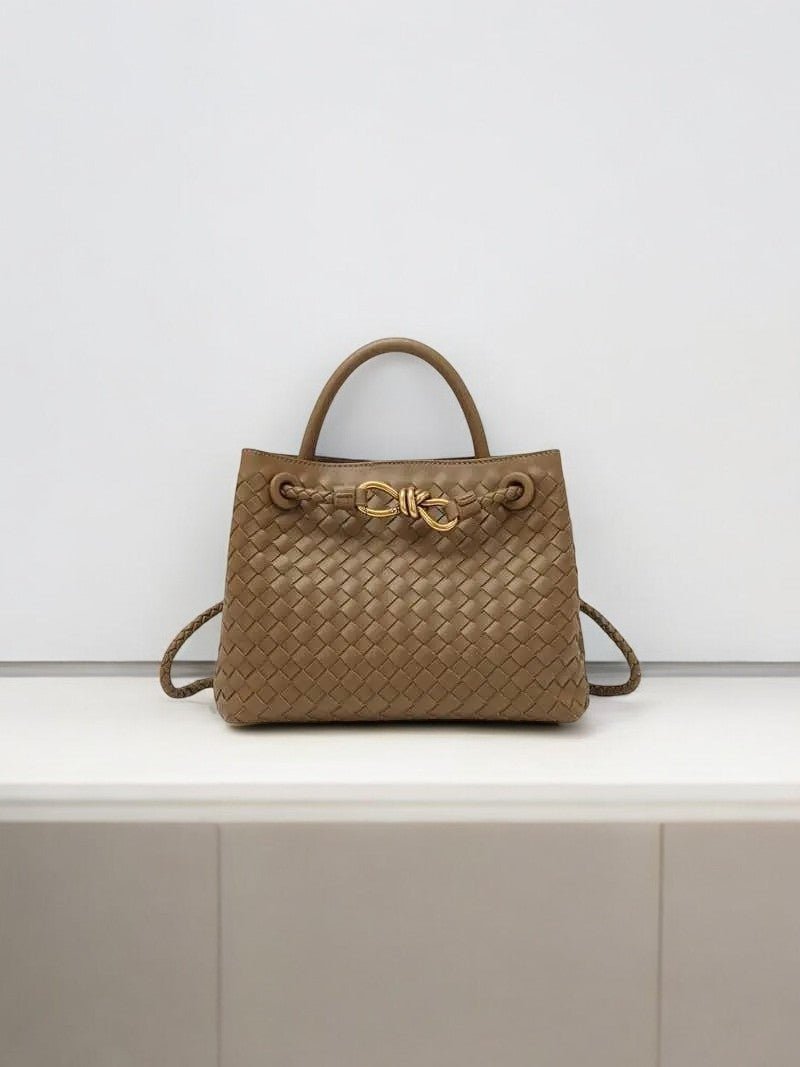 Elegant Woven Leather Tote – Medium Structured Handbag for Daily Use - in Beige | Arvea Bags