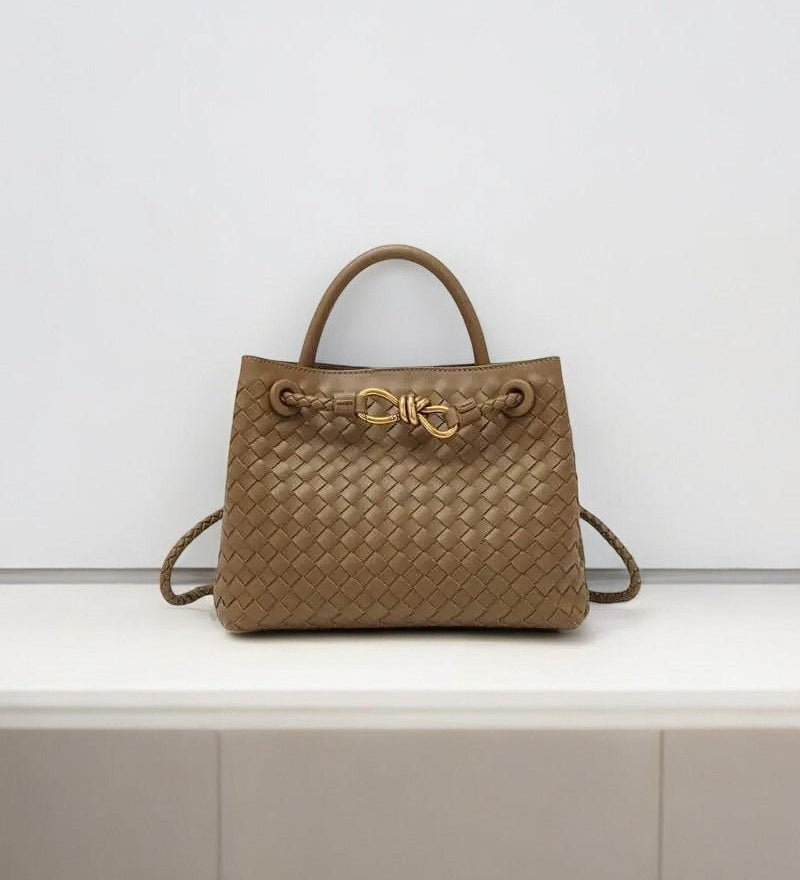 Elegant Woven Leather Tote – Medium Structured Handbag for Daily Use - in Beige | Arvea Bags