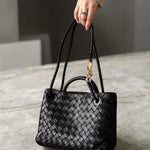 Elegant Woven Leather Tote – Medium Structured Handbag for Daily Use - in Black | Arvea Bags