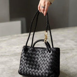 Elegant Woven Leather Tote – Medium Structured Handbag for Daily Use - in Black | Arvea Bags