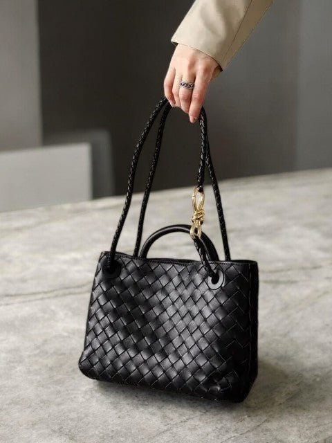 Elegant Woven Leather Tote – Medium Structured Handbag for Daily Use - in Black | Arvea Bags