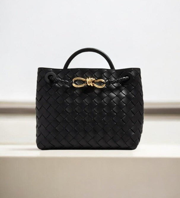 Elegant Woven Leather Tote – Medium Structured Handbag for Daily Use - in Black | Arvea Bags