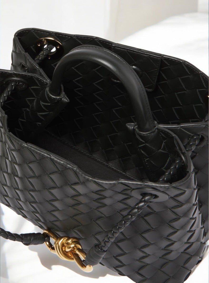 Elegant Woven Leather Tote – Medium Structured Handbag for Daily Use - in Black | Arvea Bags