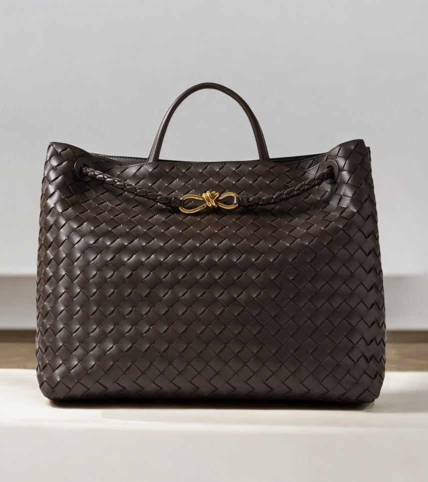 Elegant Woven Leather Tote – Medium Structured Handbag for Daily Use - in Black | Arvea Bags