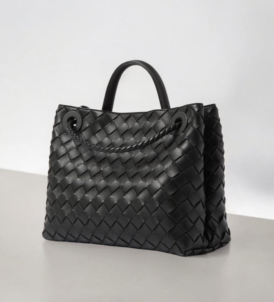 Elegant Woven Leather Tote – Medium Structured Handbag for Daily Use - in Black | Arvea Bags