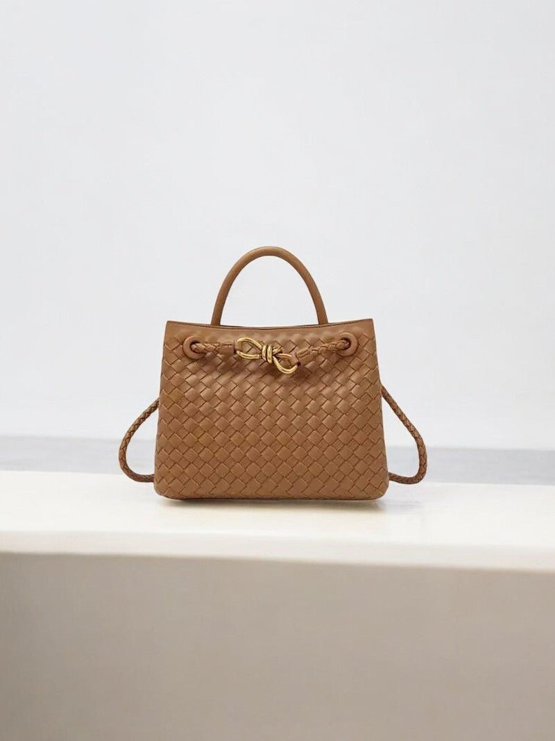 Elegant Woven Leather Tote – Medium Structured Handbag for Daily Use - in Camel | Arvea Bags
