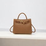 Elegant Woven Leather Tote – Medium Structured Handbag for Daily Use - in Camel | Arvea Bags