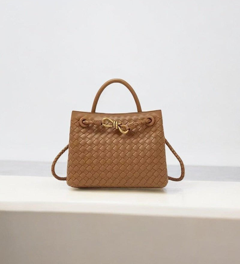 Elegant Woven Leather Tote – Medium Structured Handbag for Daily Use - in Camel | Arvea Bags
