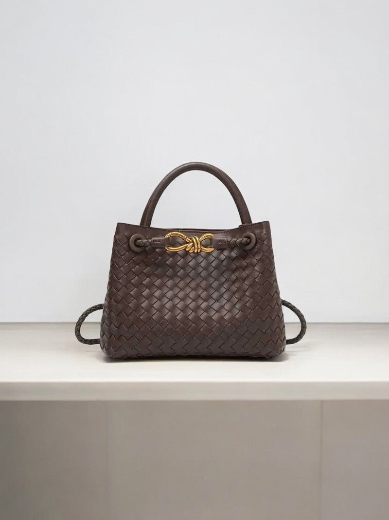 Elegant Woven Leather Tote – Medium Structured Handbag for Daily Use - in Dark Brown | Arvea Bags