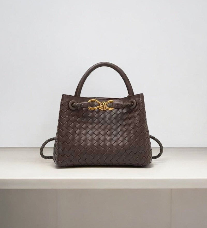 Elegant Woven Leather Tote – Medium Structured Handbag for Daily Use - in Dark Brown | Arvea Bags