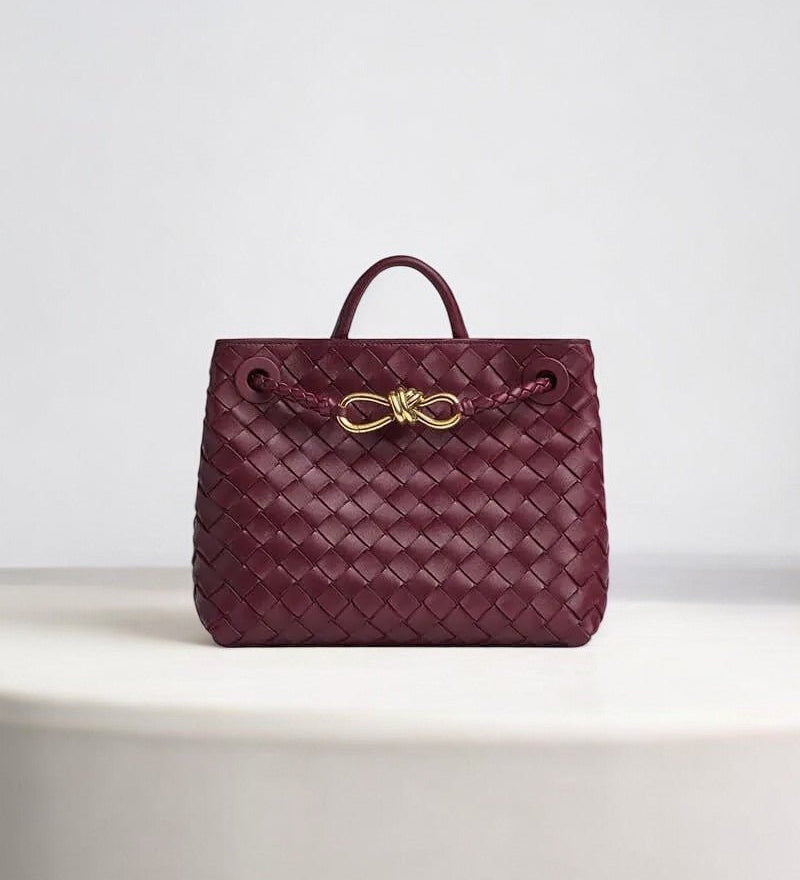 Elegant Woven Leather Tote – Medium Structured Handbag for Daily Use - in Wine Red | Arvea Bags