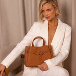Elena | Elegant Structured Satchel Bag with Buckle Detail - in Caramel | Arvea Bags