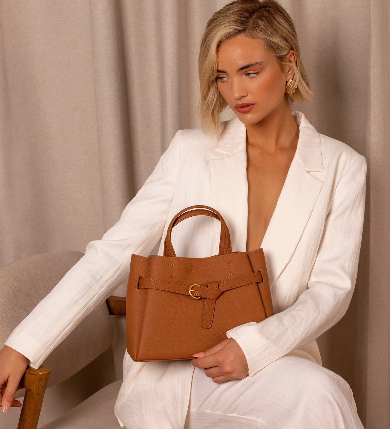 Elena | Elegant Structured Satchel Bag with Buckle Detail - in Caramel | Arvea Bags