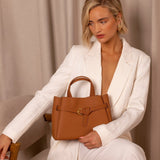Elena | Elegant Structured Satchel Bag with Buckle Detail - in Caramel | Arvea Bags
