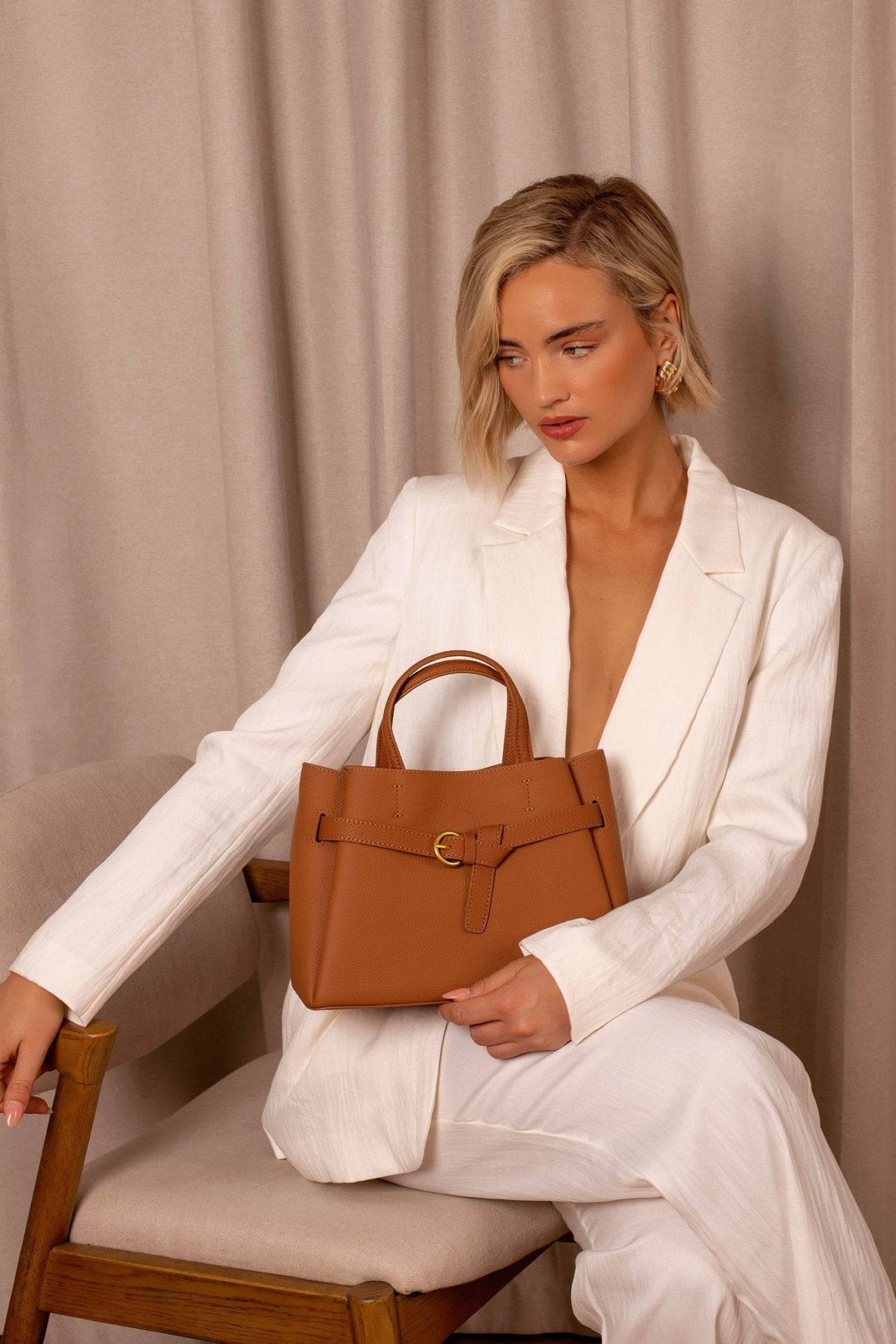 Elena | Elegant Structured Satchel Bag with Buckle Detail - in Caramel | Arvea Bags