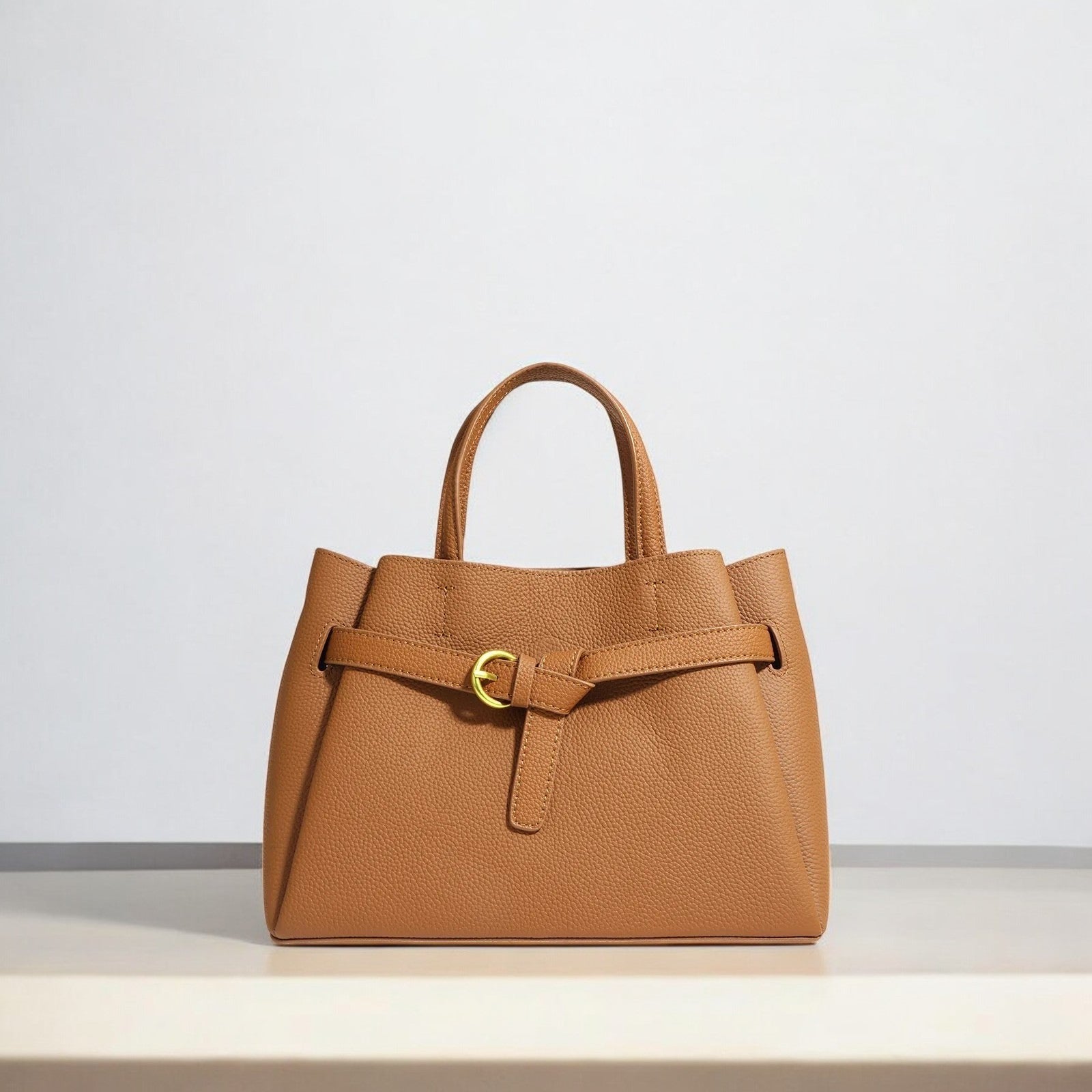 Elena | Elegant Structured Satchel Bag with Buckle Detail - in Caramel | Arvea Bags