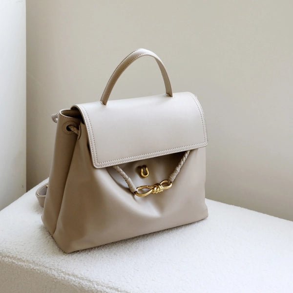 Ella Structured Flap Handbag - Elegant Top Handle with Knot Detail - in Classic Brown | Arvea Bags