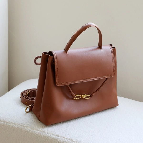 Ella Structured Flap Handbag - Elegant Top Handle with Knot Detail - in Classic Brown | Arvea Bags