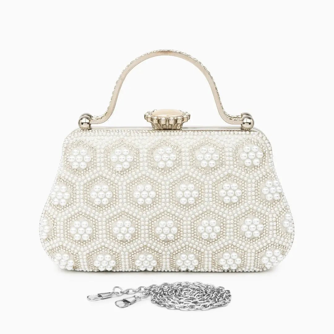 Eloise | Pearl & Crystal Vintage Evening Handbag – Timeless Elegance - in Light Beige | Arvea Bags